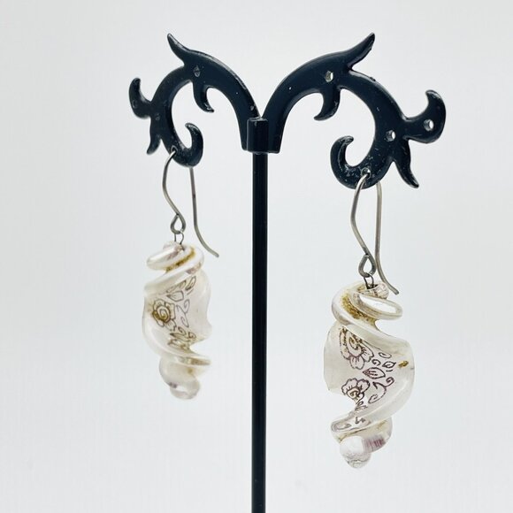 Glass Swirl Dangle Earrings Pink Rose Motif Pierced Retro Boho Romantic - Picture 5 of 8